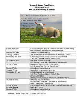 Lonan & Laxey Pew Notes 25Th April 2021 the Fourth Sunday of Easter