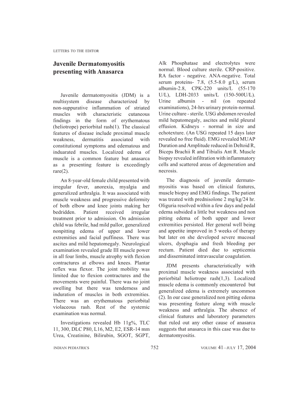 Juvenile Dermatomyositis Presenting with Anasarca