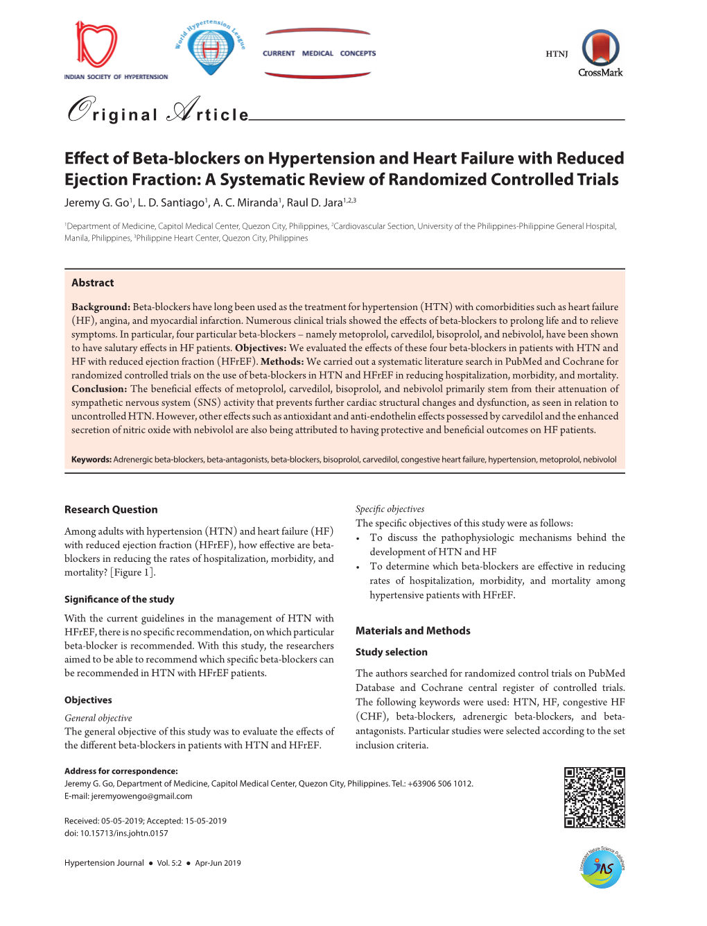 Effect of Beta-Blockers on Hypertension and Heart Failure with Reduced Ejection Fraction: a Systematic Review of Randomized Controlled Trials Jeremy G