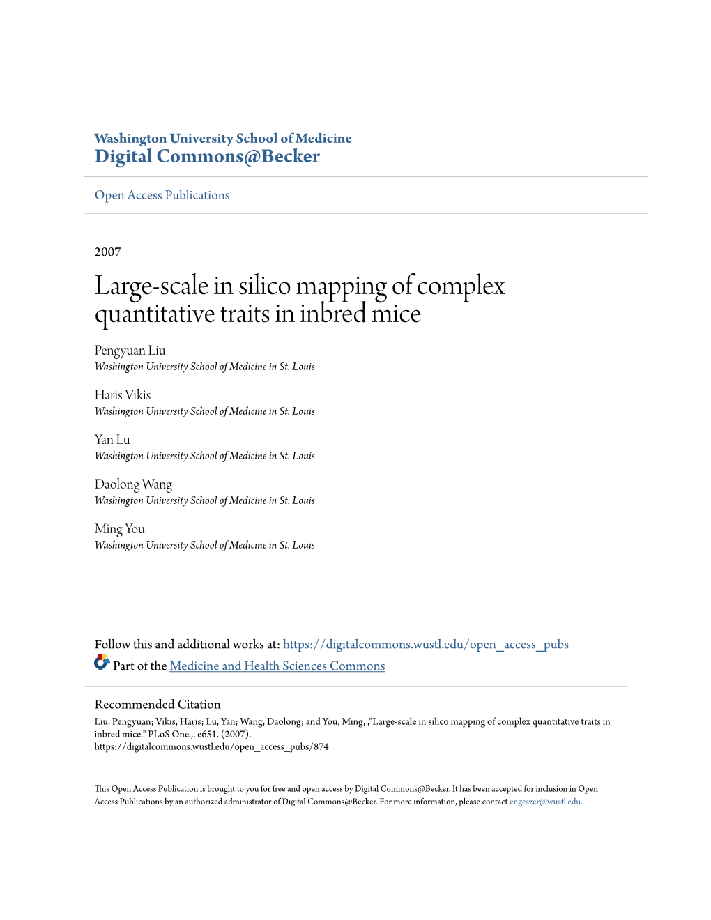 Large-Scale in Silico Mapping of Complex Quantitative Traits in Inbred Mice Pengyuan Liu Washington University School of Medicine in St