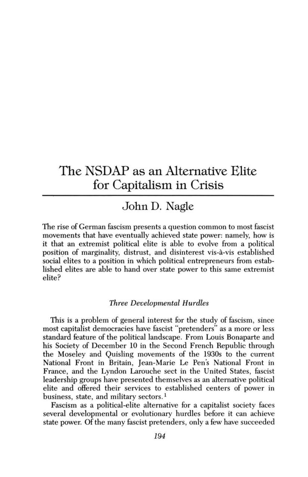 Tue NSDAP As an Alternative Elite F Or Capitalism in Crisis John D