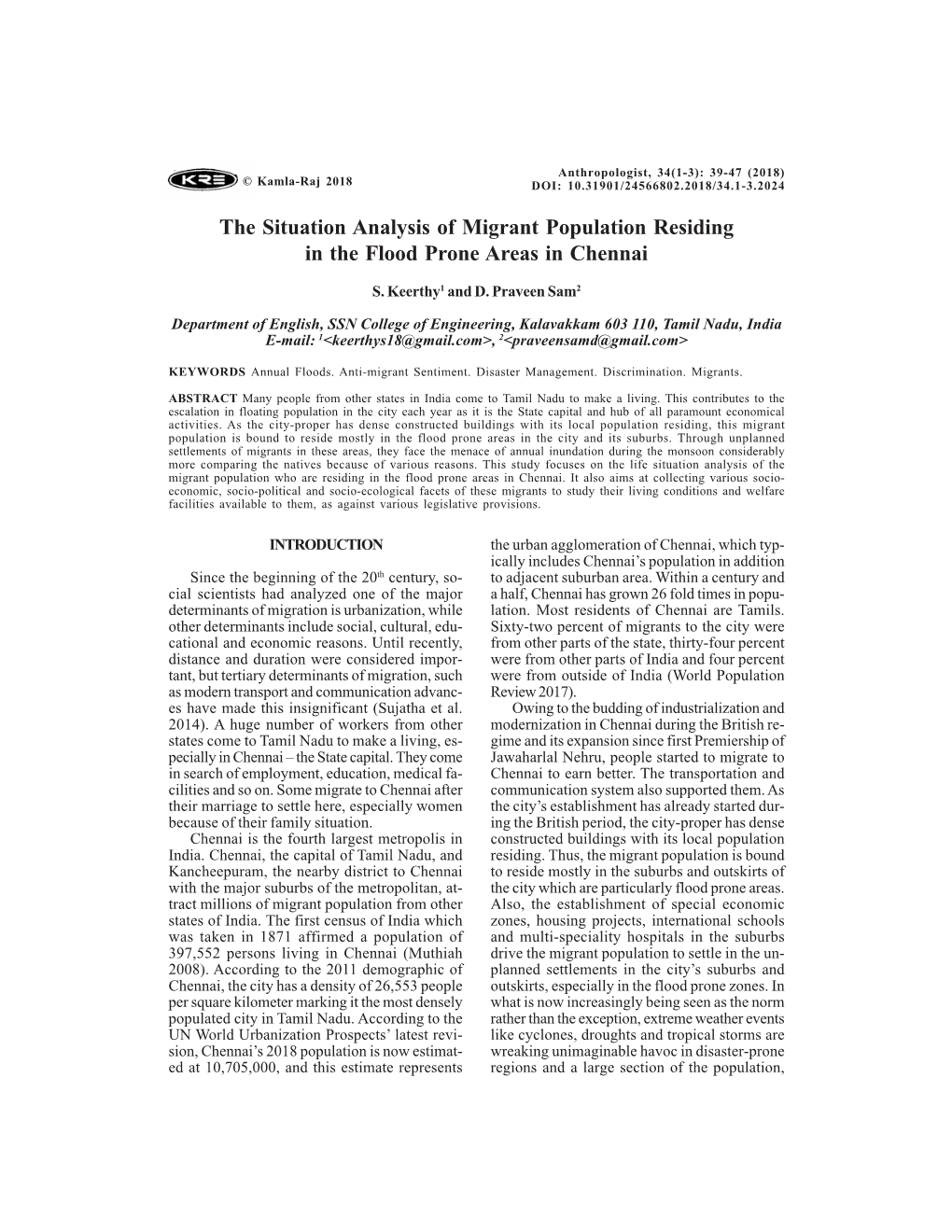 The Situation Analysis of Migrant Population Residing in the Flood Prone Areas in Chennai