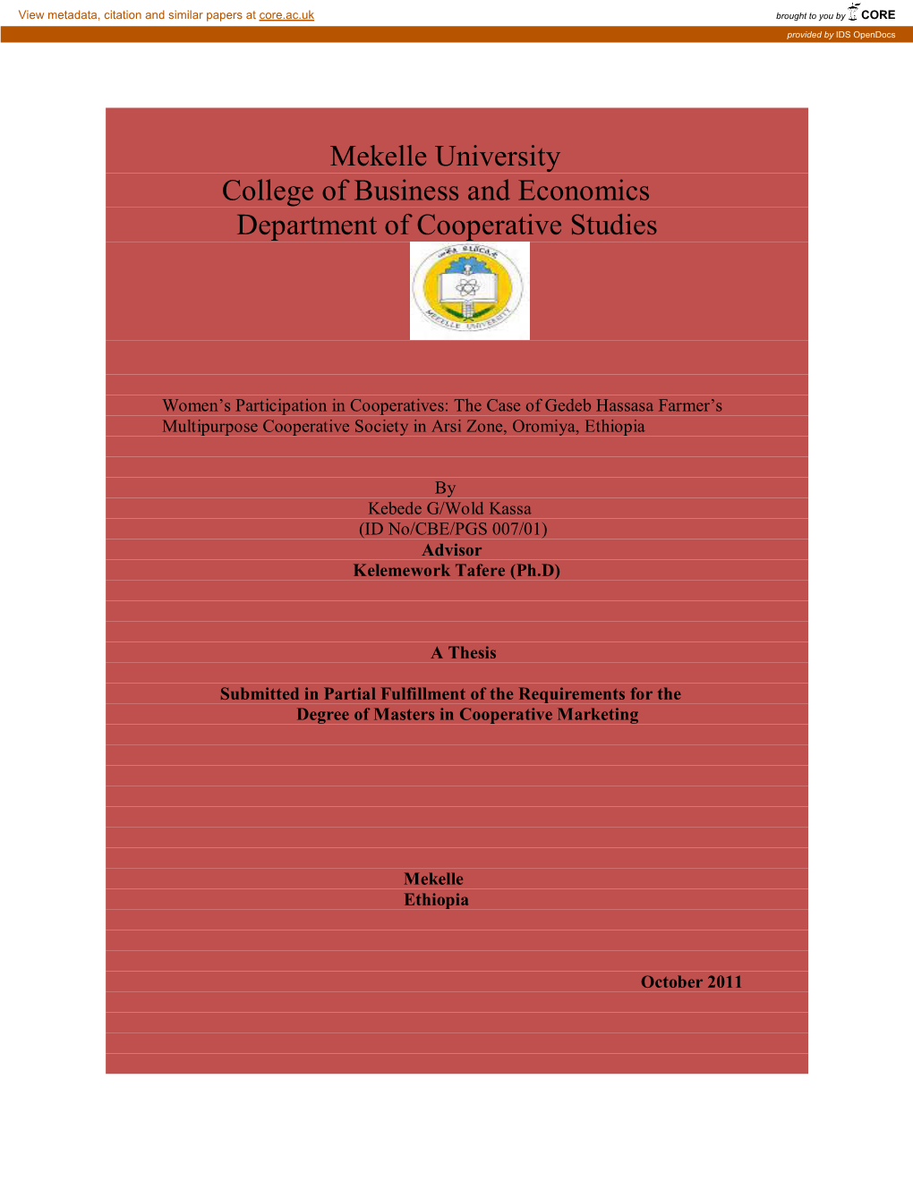 Mekelle University College of Business and Economics Department of Cooperative Studies