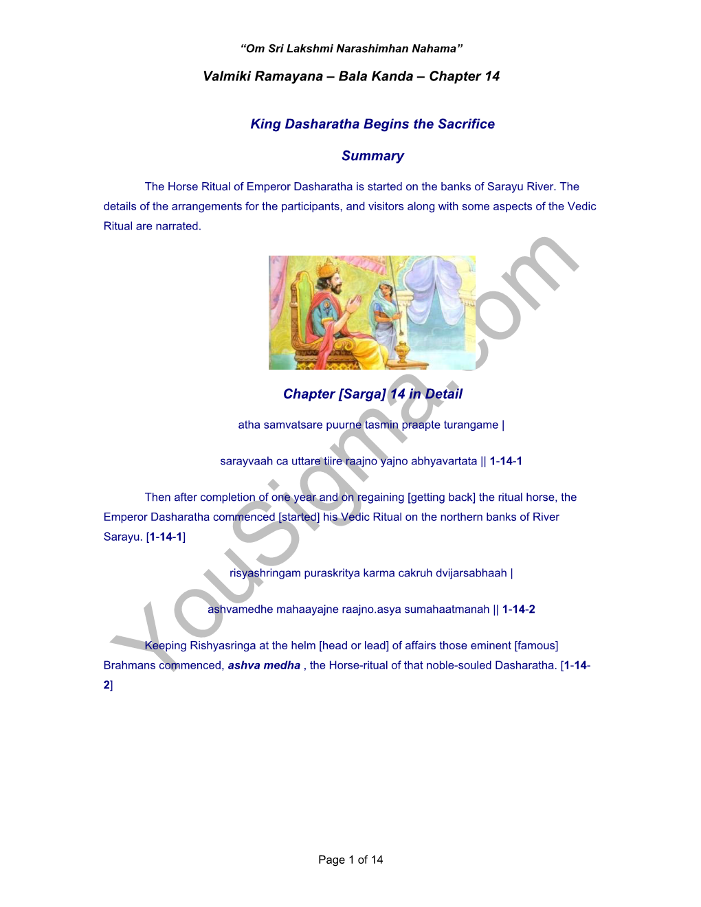 Valmiki Ramayana – Bala Kanda – Chapter 14 King Dasharatha