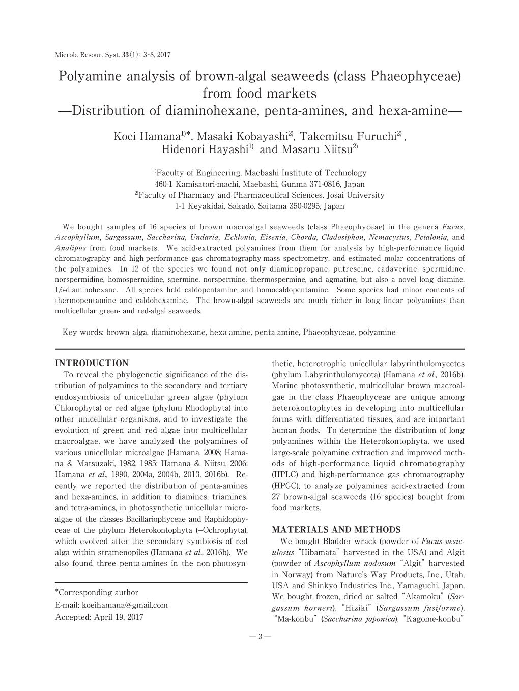 Polyamine Analysis of Brown-Algal Seaweeds (Class Phaeophyceae) from Food Markets —Distribution of Diaminohexane, Penta-Amines, and Hexa-Amine—