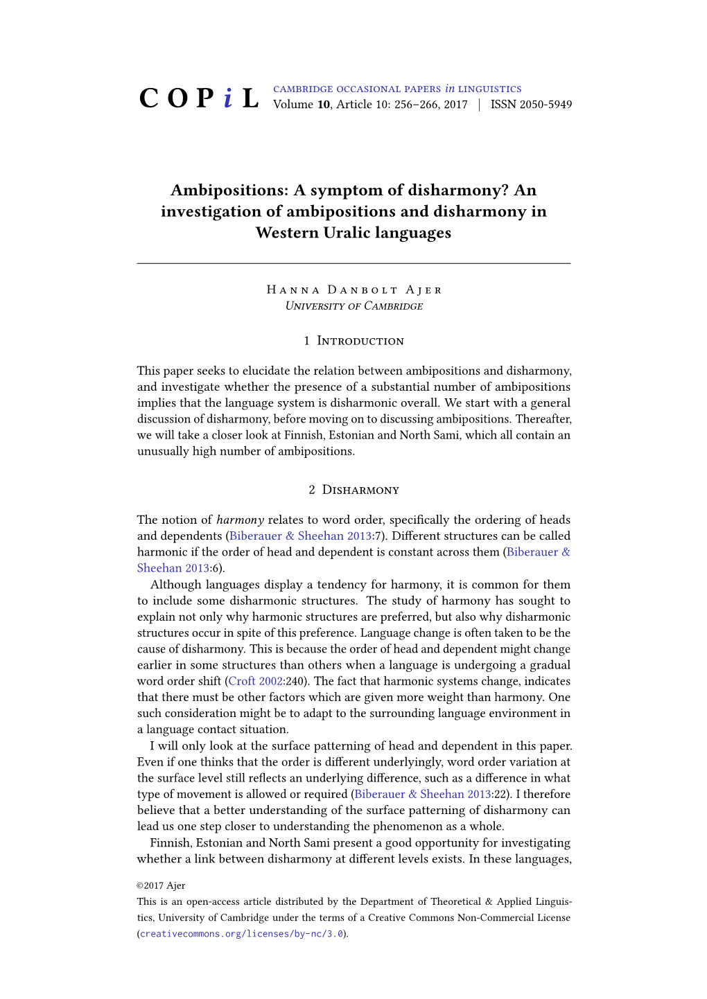 Ambipositions: a Symptom of Disharmony? an Investigation of Ambipositions and Disharmony in Western Uralic Languages