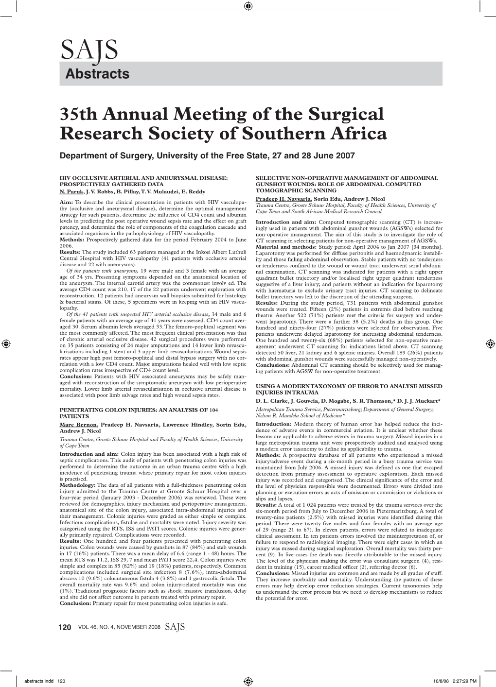 35Th Annual Meeting of the Surgical Research Society of Southern Africa