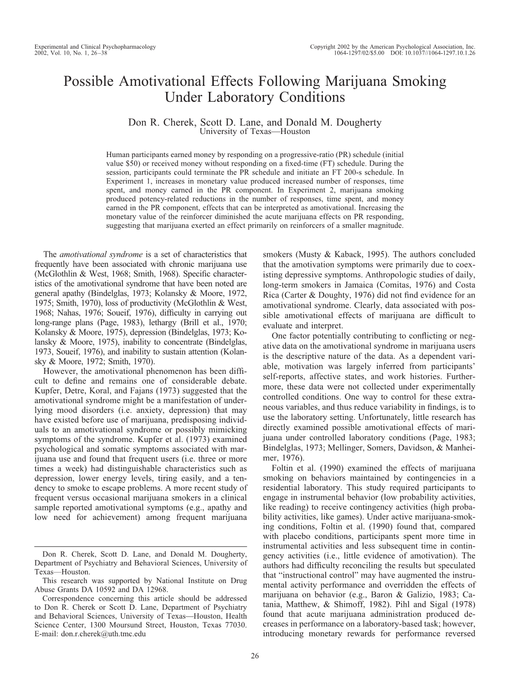 Possible Amotivational Effects Following Marijuana Smoking Under Laboratory Conditions