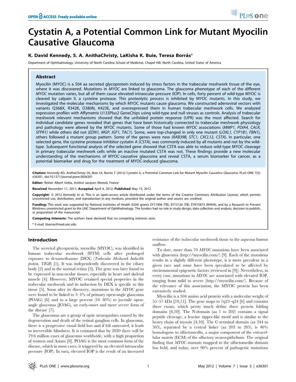 Cystatin A, a Potential Common Link for Mutant Myocilin Causative Glaucoma