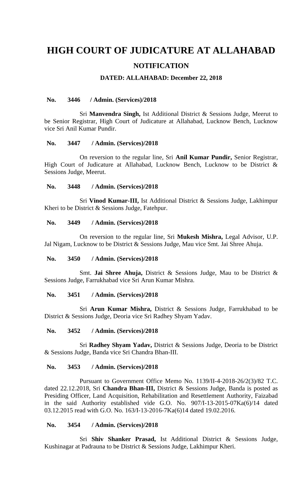 HIGH COURT of JUDICATURE at ALLAHABAD NOTIFICATION DATED: ALLAHABAD: December 22, 2018