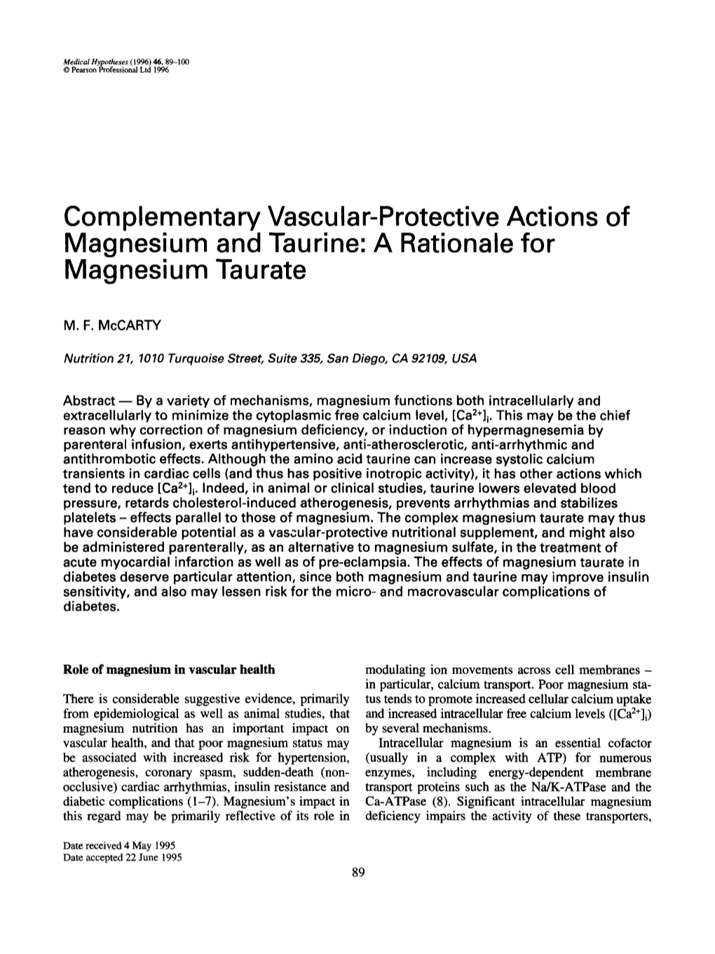 Complementary Vascular-Protective Actions of Magnesium and Taurine: a Rationale for Magnesium Tau Rate