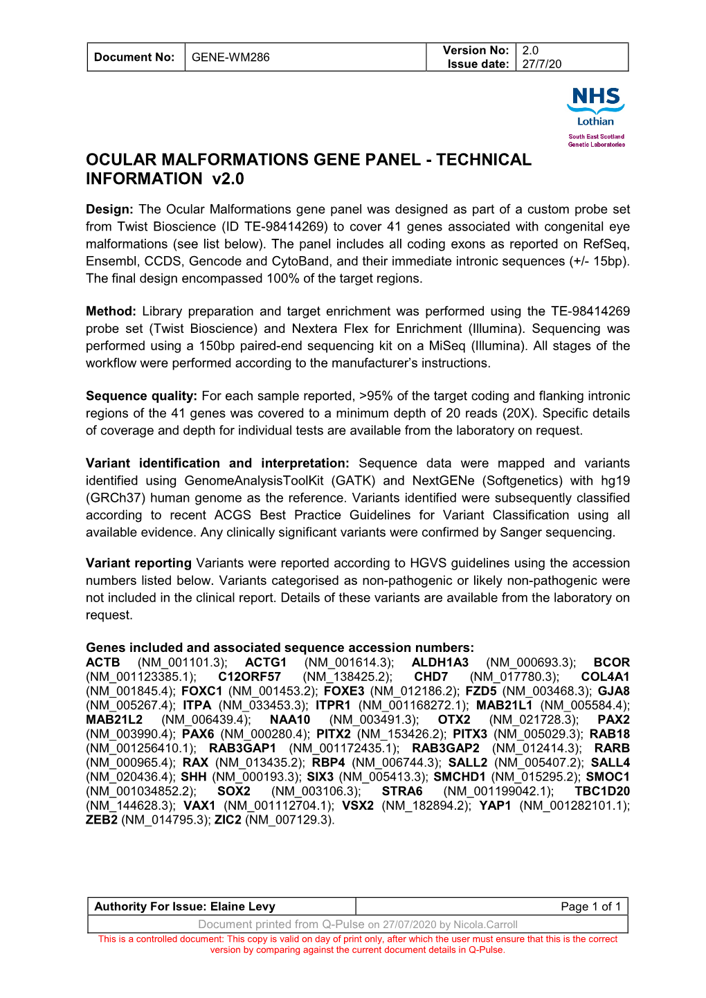 OCULAR MALFORMATIONS GENE PANEL - TECHNICAL INFORMATION V2.0