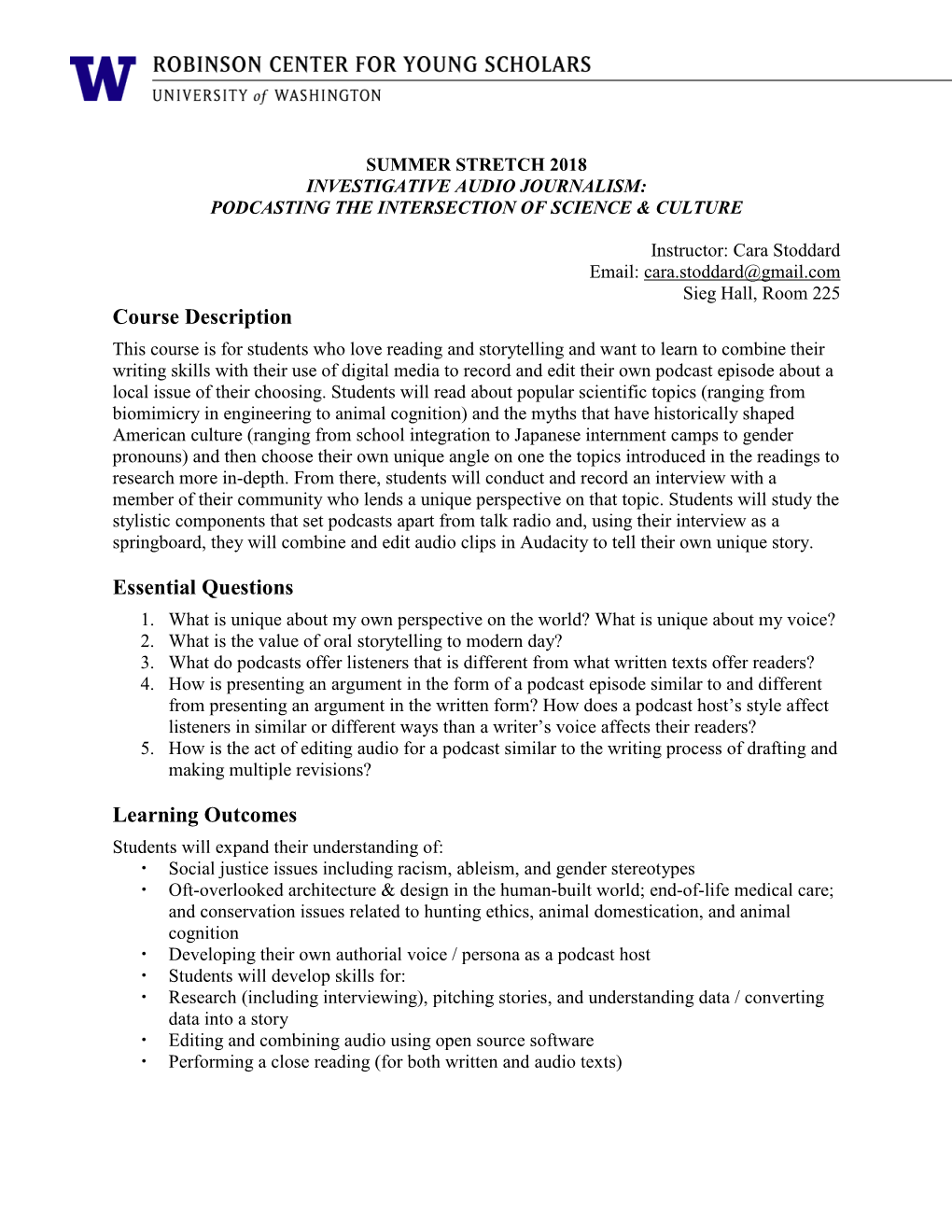 Course Description Essential Questions Learning Outcomes