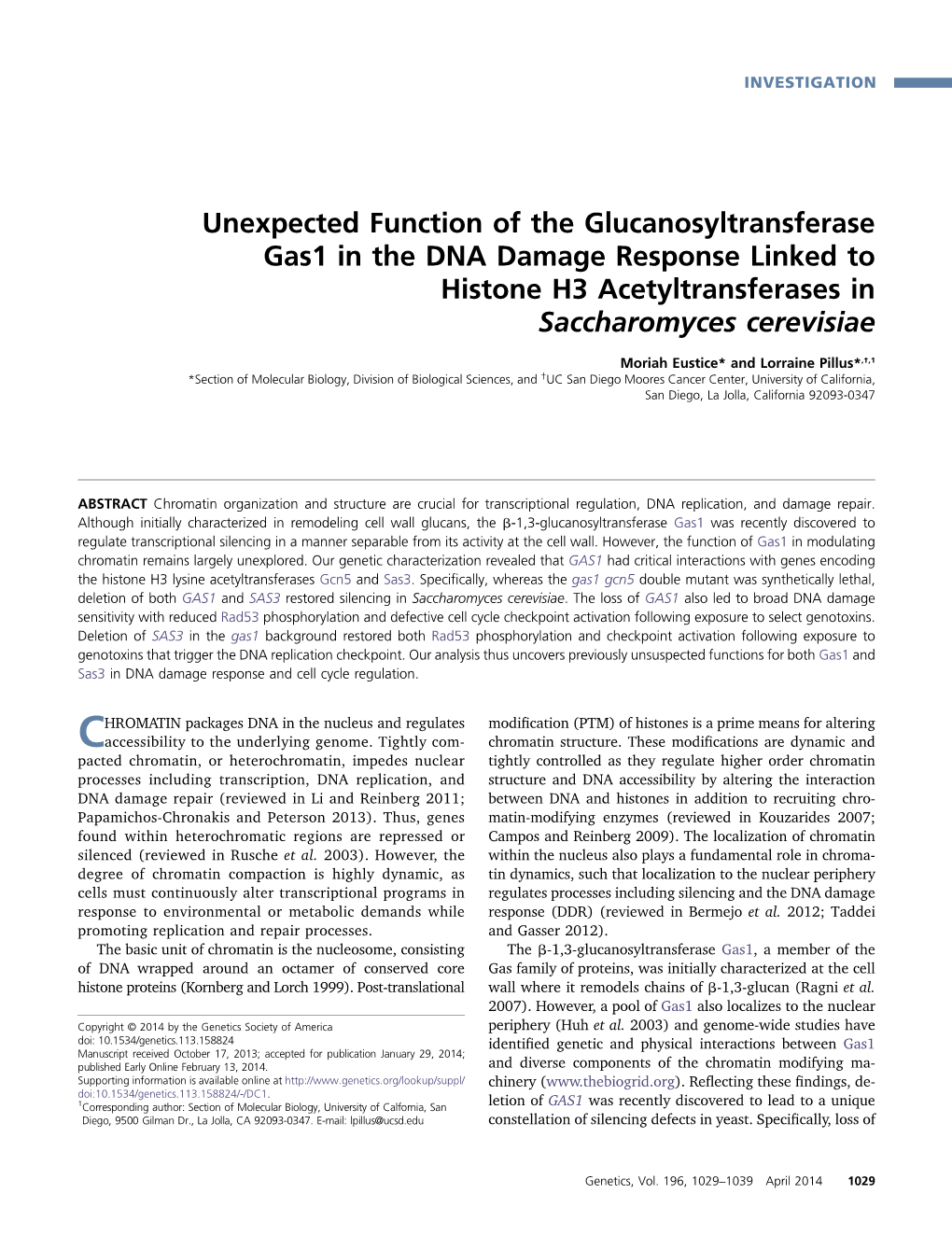 Unexpected Function of the Glucanosyltransferase Gas1 in the DNA Damage Response Linked to Histone H3 Acetyltransferases in Saccharomyces Cerevisiae