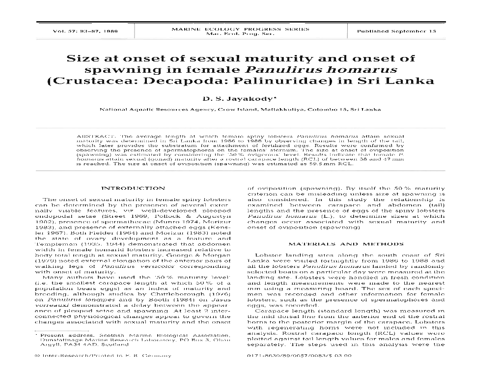 Size at the Onset of Sexual Maturity and Onset of Spawning in Female