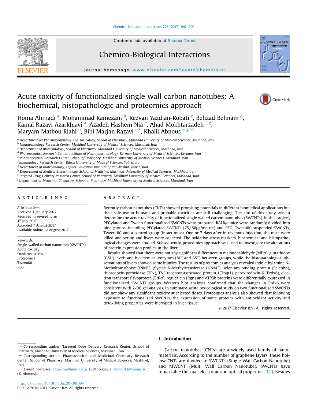 Acute Toxicity of Functionalized Single Wall Carbon Nanotubes: a Biochemical, Histopathologic and Proteomics Approach