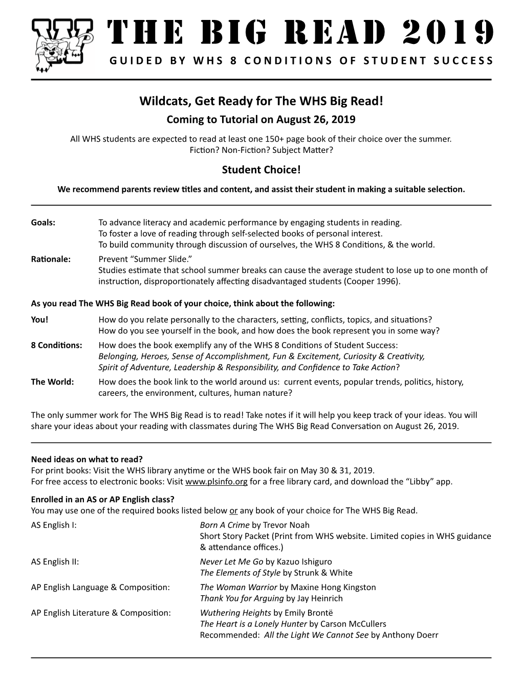 The Big Read 2019 Guided by Whs 8 Conditions of Student Success