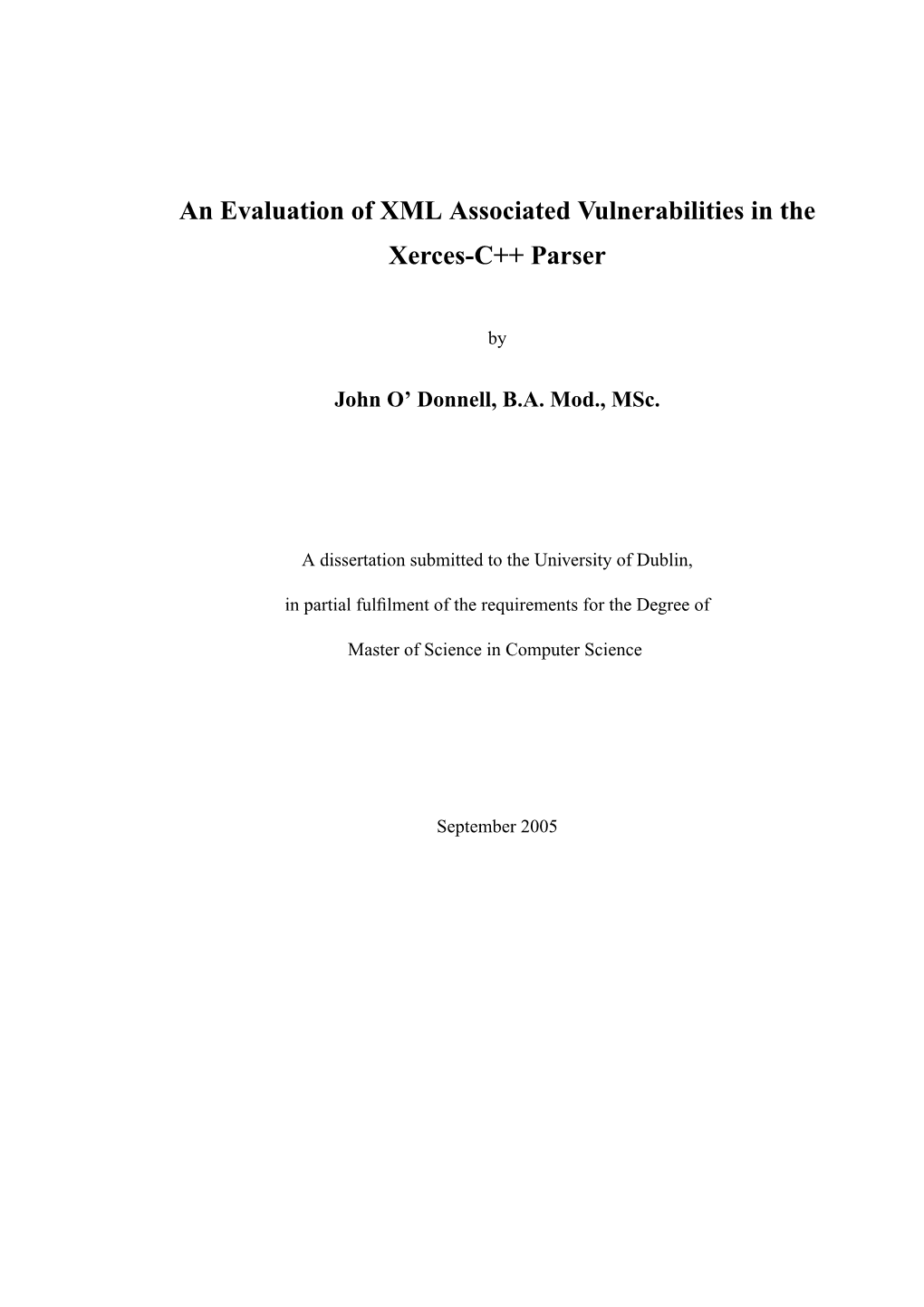 An Evaluation of XML Associated Vulnerabilities in the Xerces-C++ Parser