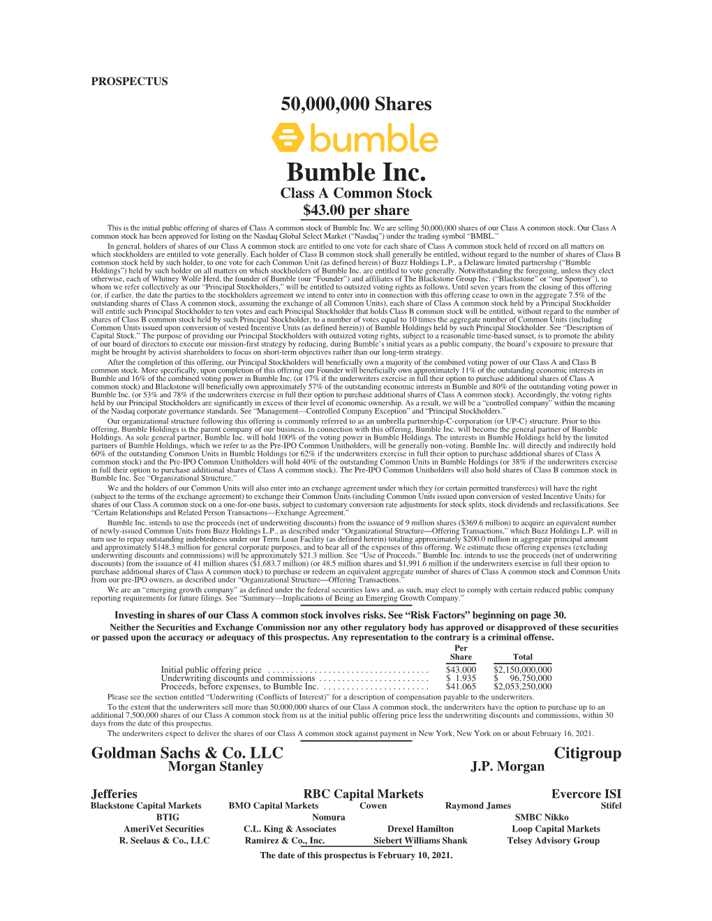 Bumble Inc. Class a Common Stock $43.00 Per Share This Is the Initial Public Offering of Shares of Class a Common Stock of Bumble Inc