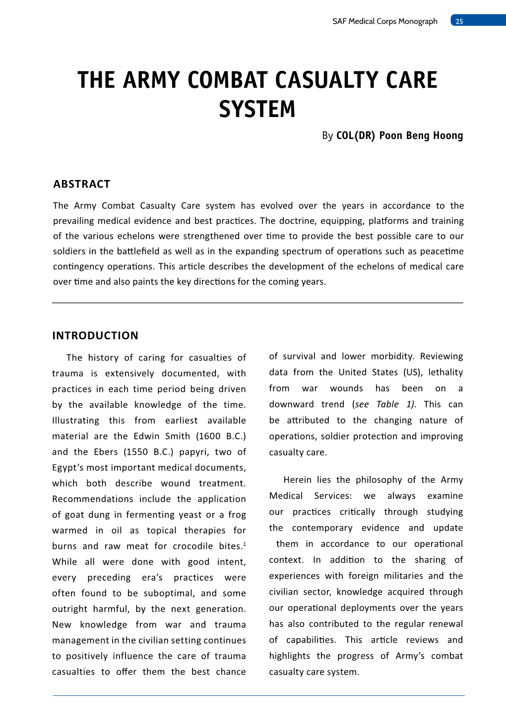 THE ARMY COMBAT CASUALTY CARE SYSTEM by COL(DR) Poon Beng Hoong