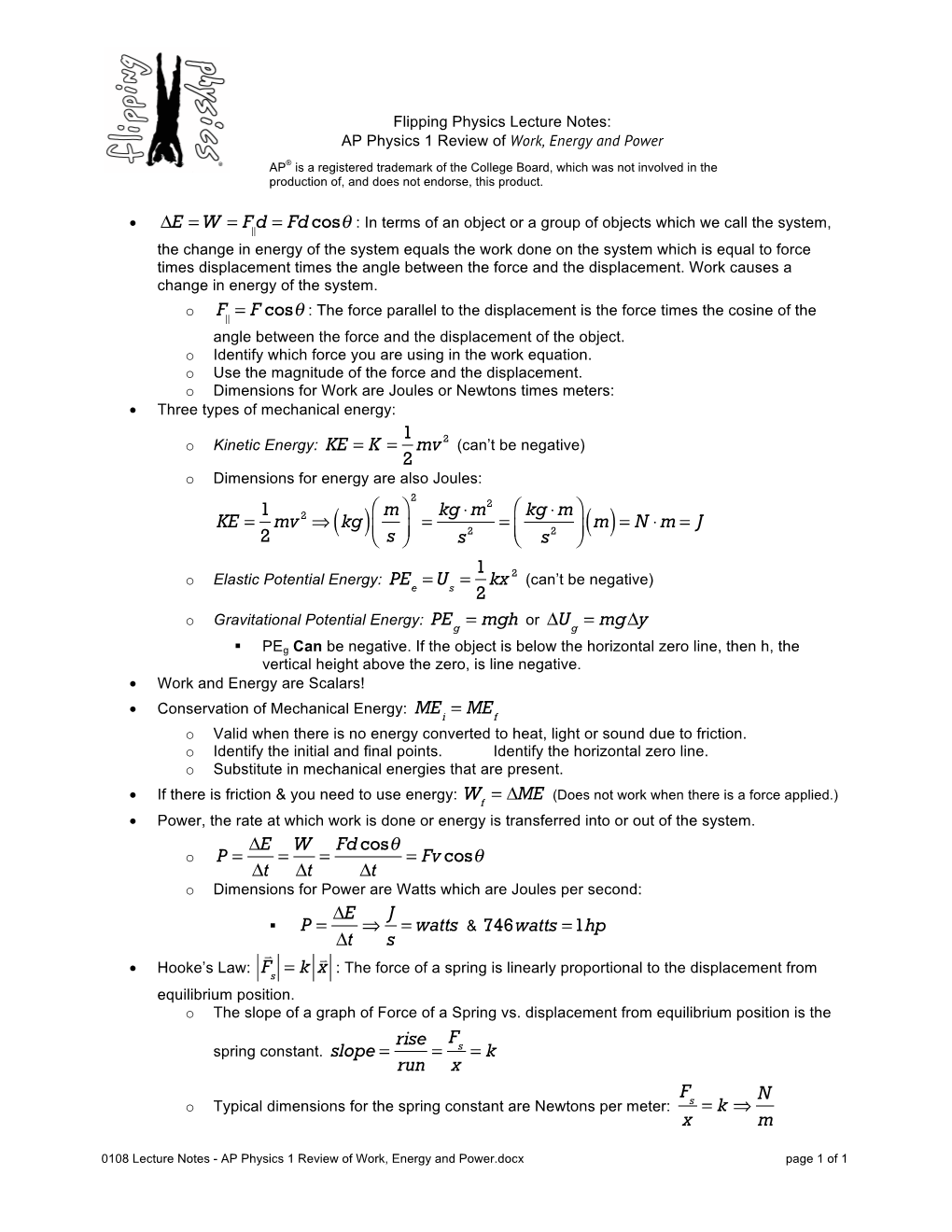 0108 Lecture Notes - AP Physics 1 Review of Work, Energy and Power.Docx Page 1 of 1