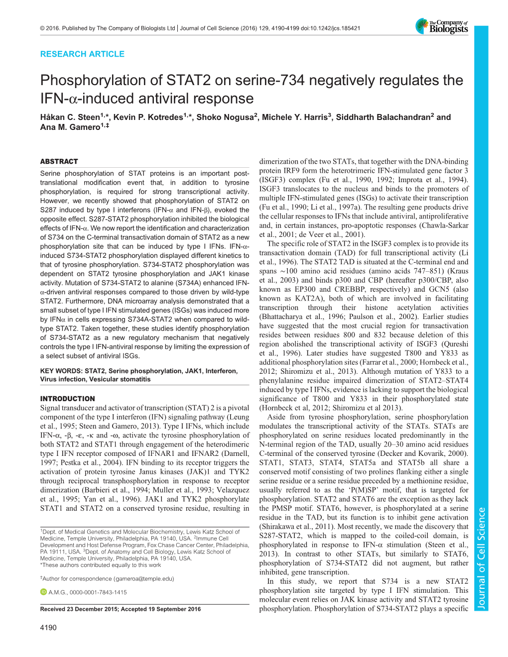 Phosphorylation of STAT2 on Serine-734 Negatively Regulates the IFN-Α-Induced Antiviral Response Håkan C