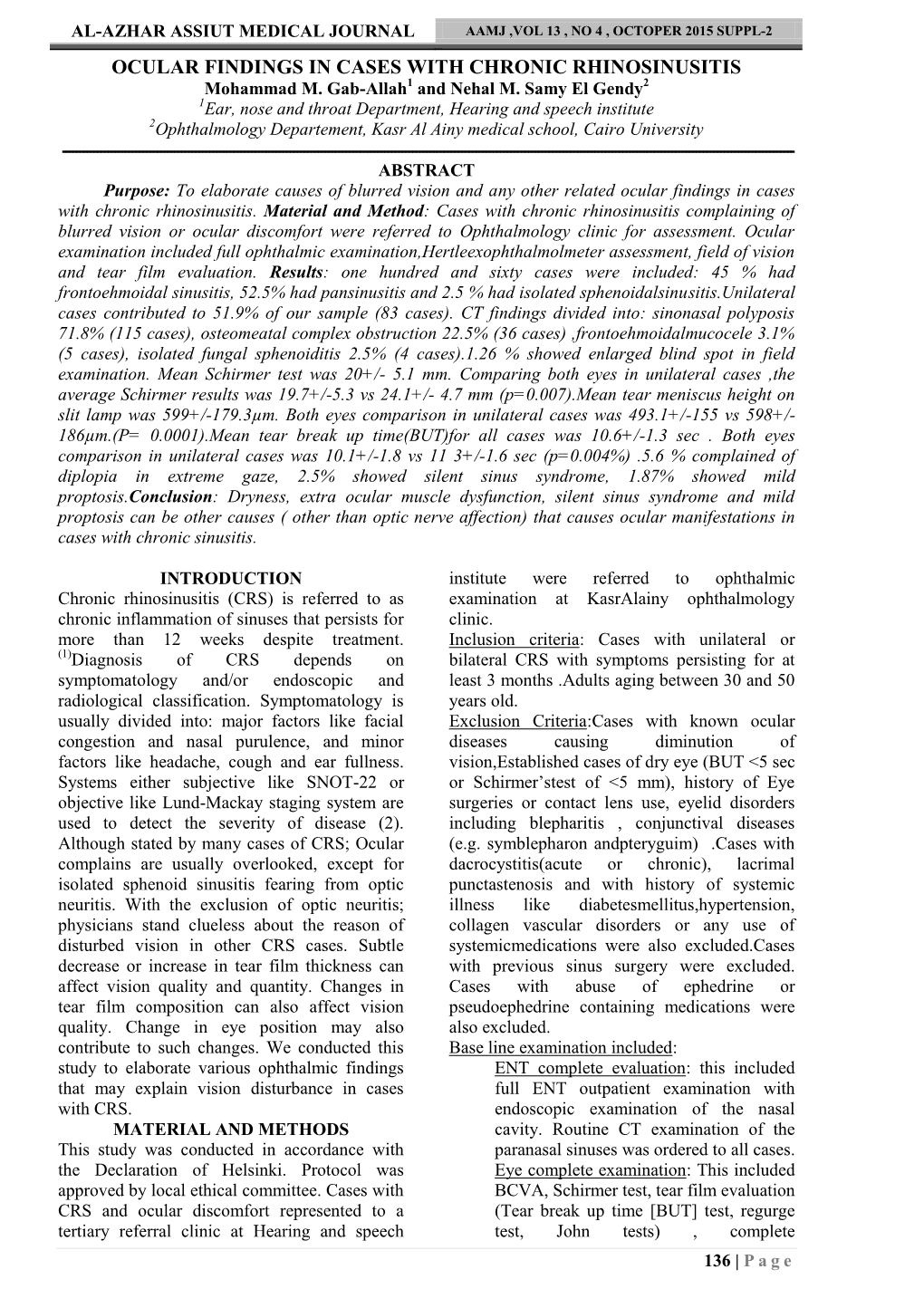 OCULAR FINDINGS in CASES with CHRONIC RHINOSINUSITIS Mohammad M