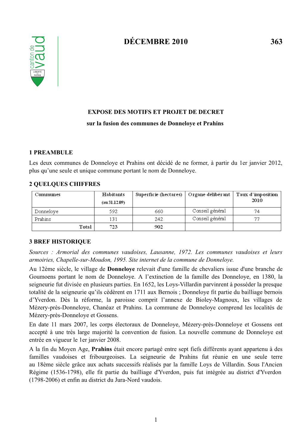 PROJET DE DÉCRET Sur La Fusion Des Communes De Donneloye Et Prahins Du 15 Décembre 2010