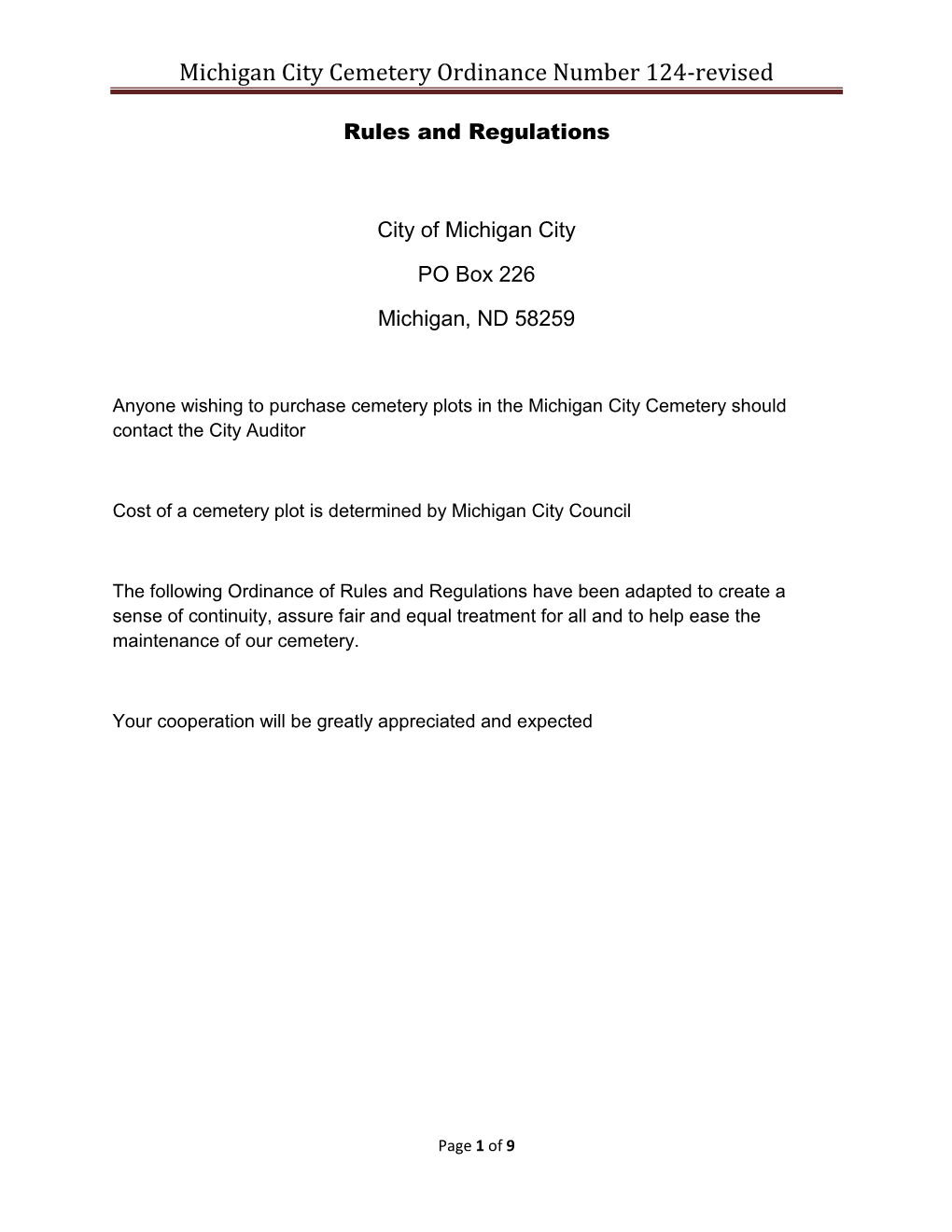 Michigan City Cemetery Ordinance Number 124-Revised