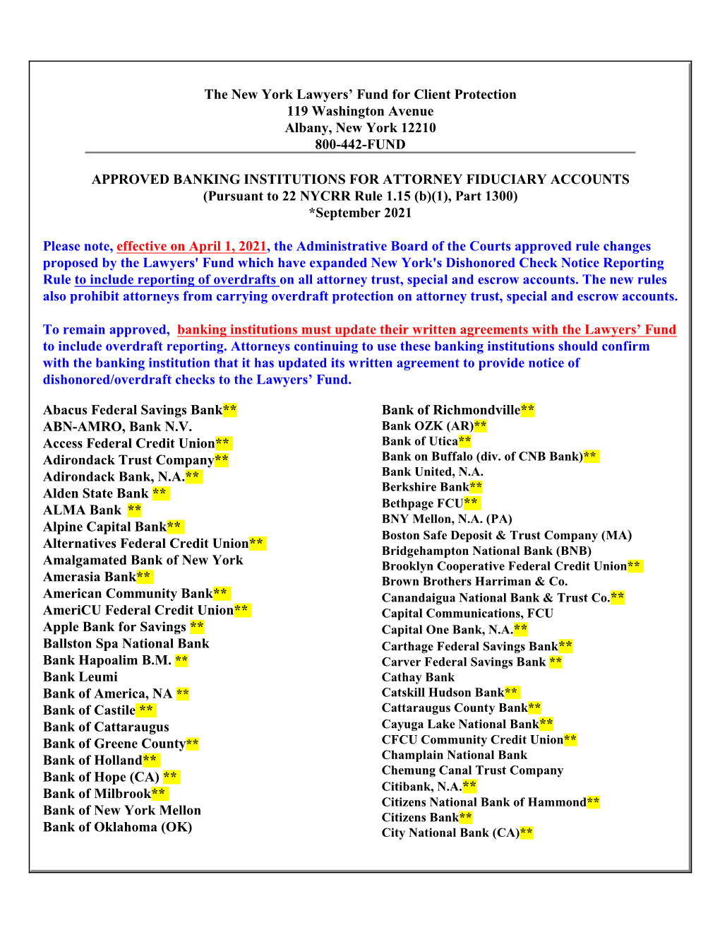 APPROVED BANKING INSTITUTIONS for ATTORNEY FIDUCIARY ACCOUNTS (Pursuant to 22 NYCRR Rule 1.15 (B)(1), Part 1300) *September 2021