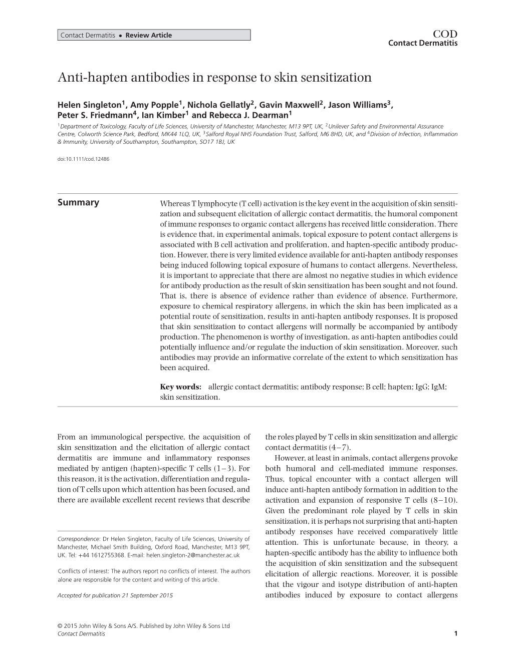 Anti-Hapten Antibodies in Response to Skin Sensitization