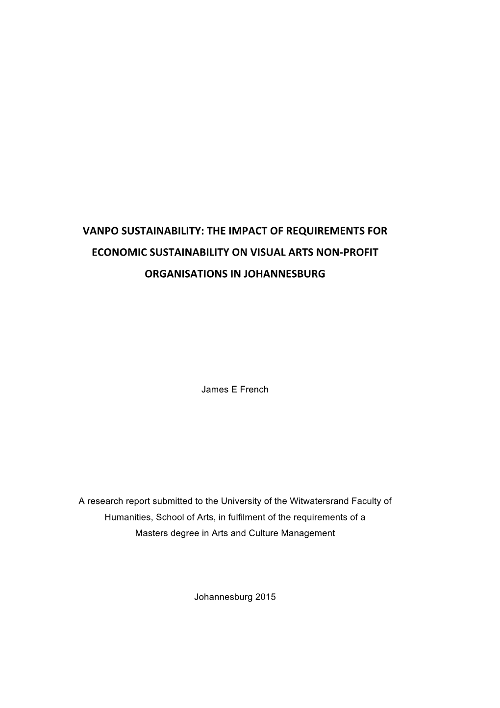 Vanpo Sustainability: the Impact of Requirements for Economic Sustainability on Visual Arts Non-Profit Organisations in Johannesburg