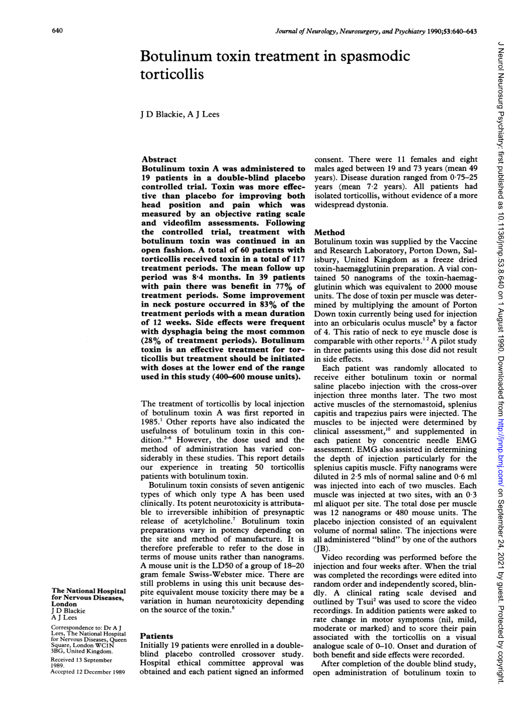 Botulinum Toxin Treatment in Spasmodic Torticollis