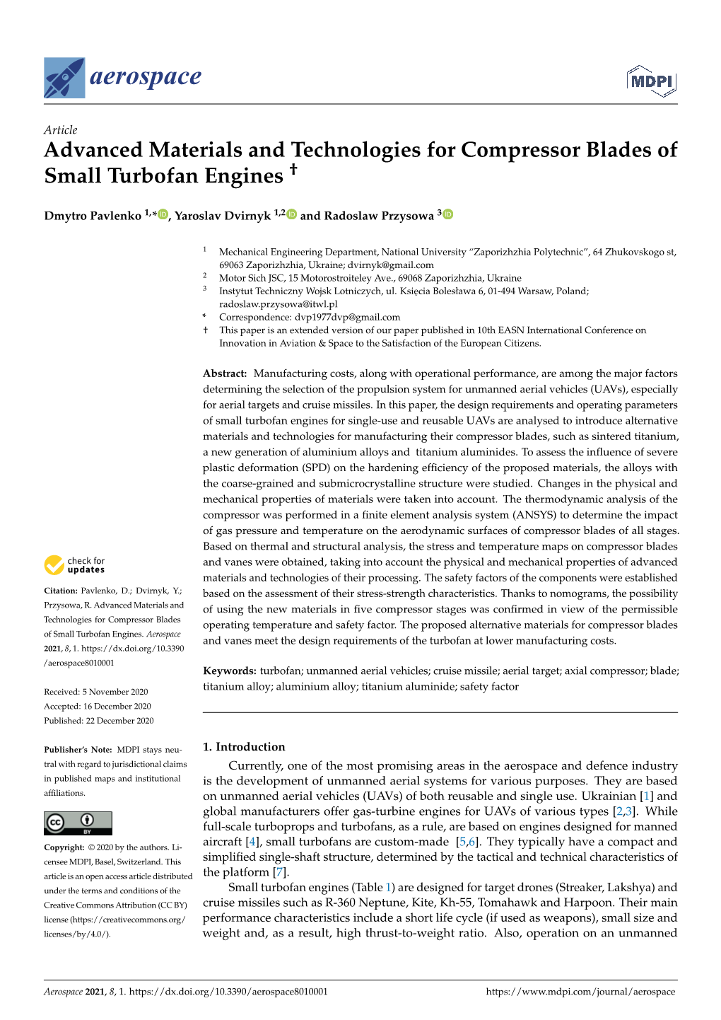 Advanced Materials and Technologies for Compressor Blades of Small Turbofan Engines †