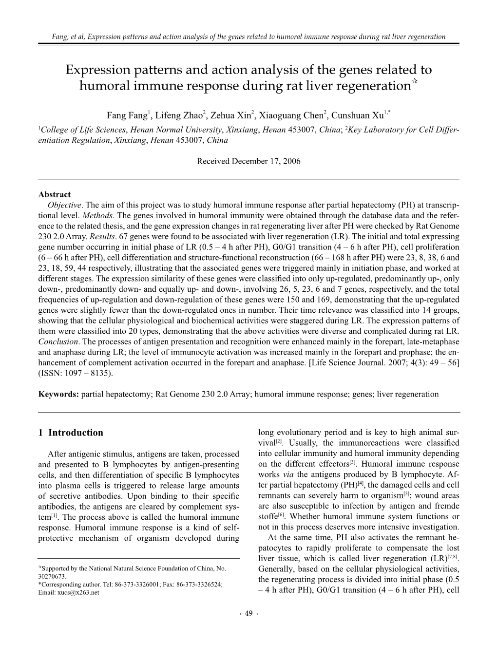 Expression Patterns and Action Analysis of the Genes Related to Humoral Immune Response During Rat Liver Regeneration