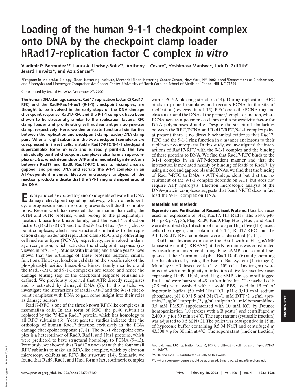 Loading of the Human 9-1-1 Checkpoint Complex Onto DNA by the Checkpoint Clamp Loader Hrad17-Replication Factor C Complex in Vitro