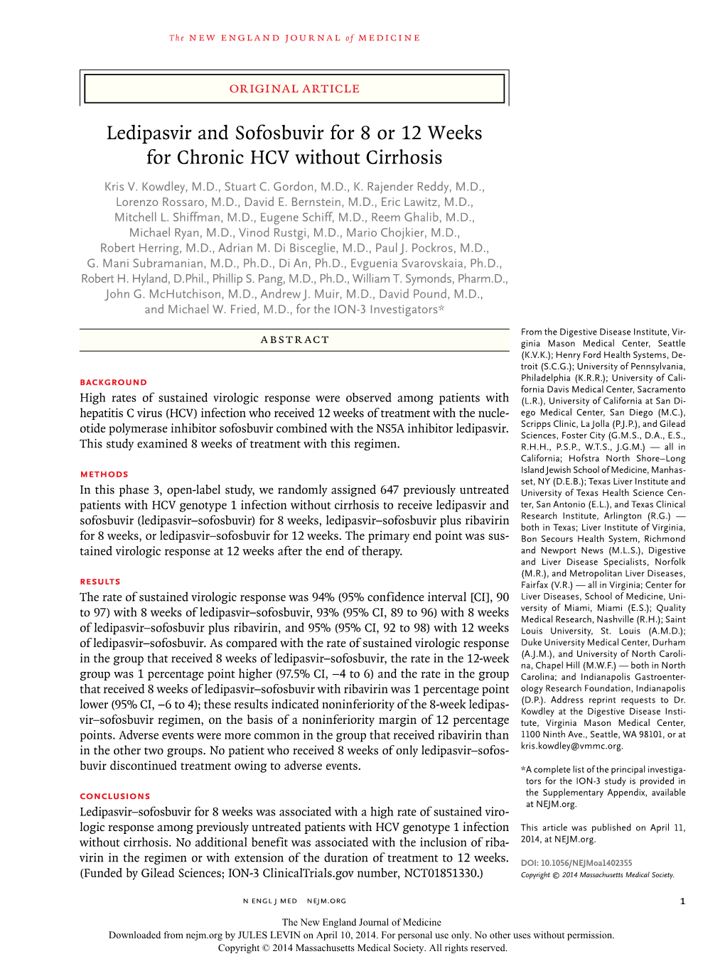 Ledipasvir and Sofosbuvir for 8 Or 12 Weeks for Chronic HCV Without Cirrhosis Kris V