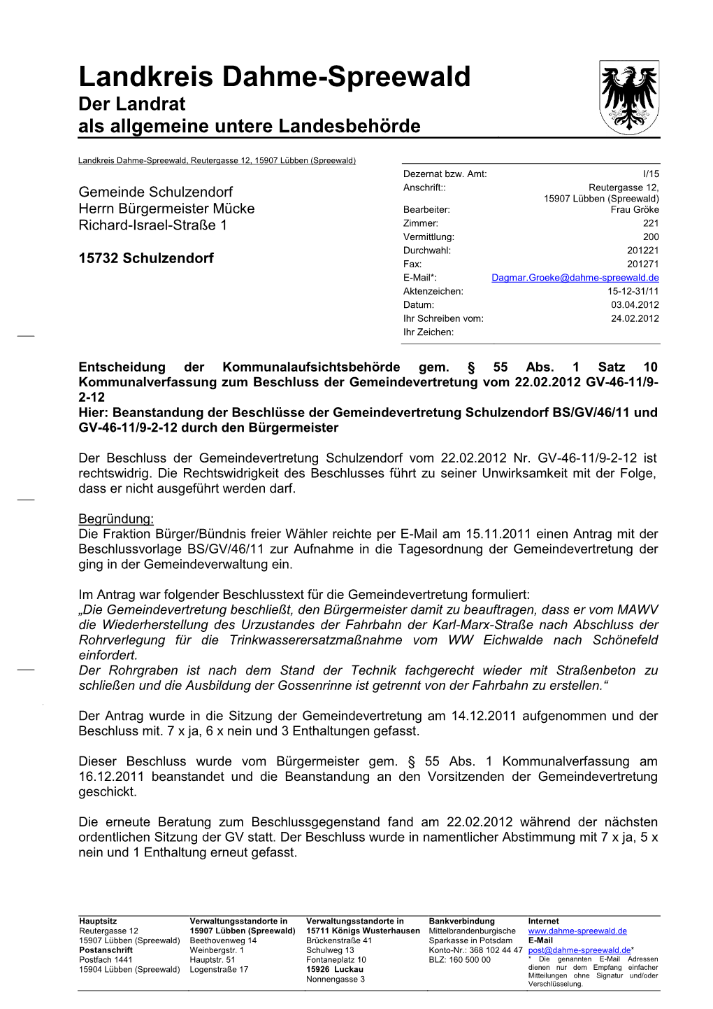 Landkreis Dahme-Spreewald Der Landrat Als Allgemeine Untere Landesbehörde