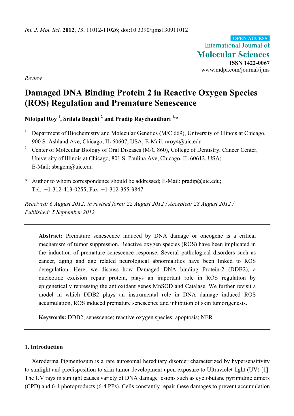 Damaged DNA Binding Protein 2 in Reactive Oxygen Species (ROS) Regulation and Premature Senescence