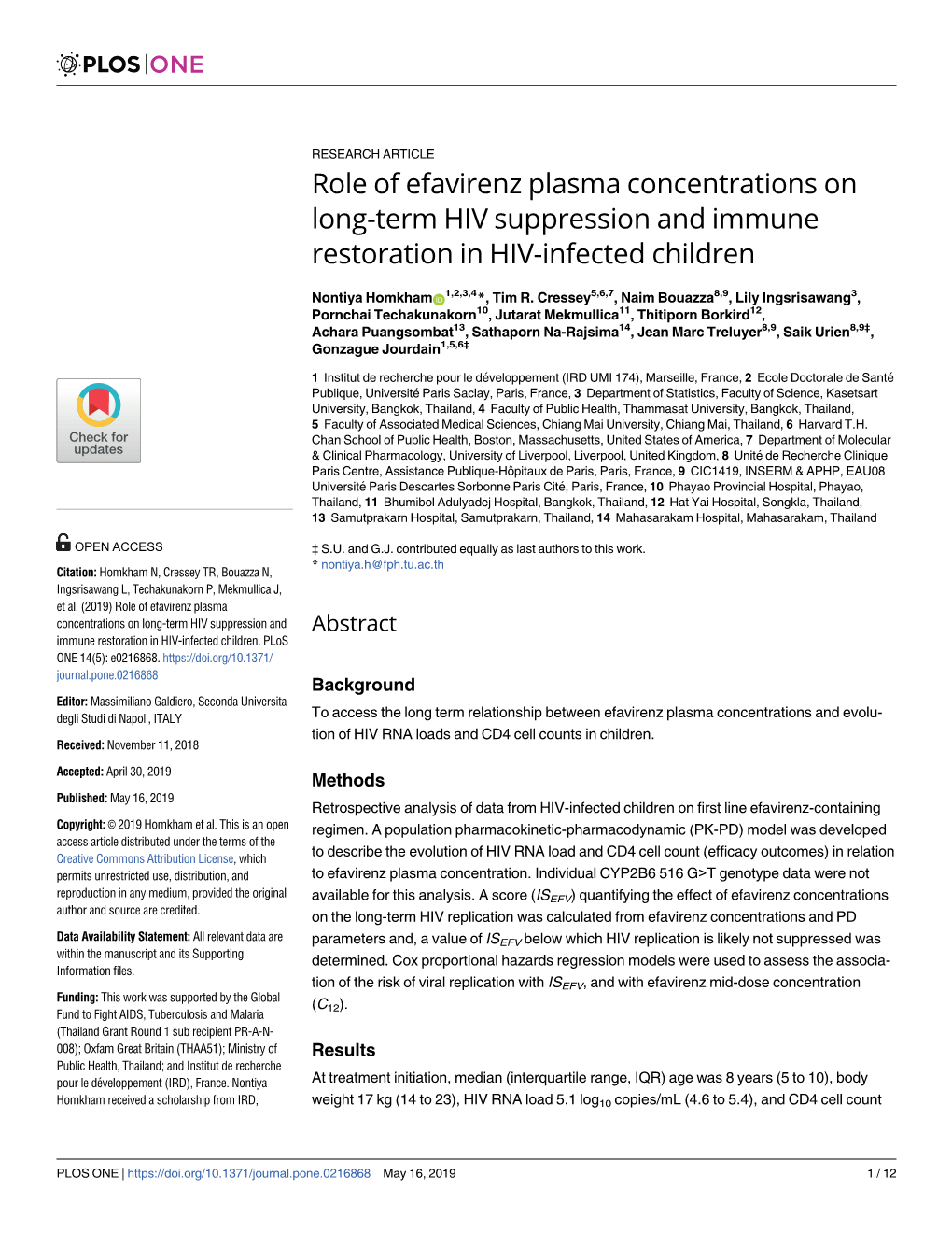 Role of Efavirenz Plasma Concentrations on Long-Term HIV Suppression and Immune Restoration in HIV-Infected Children