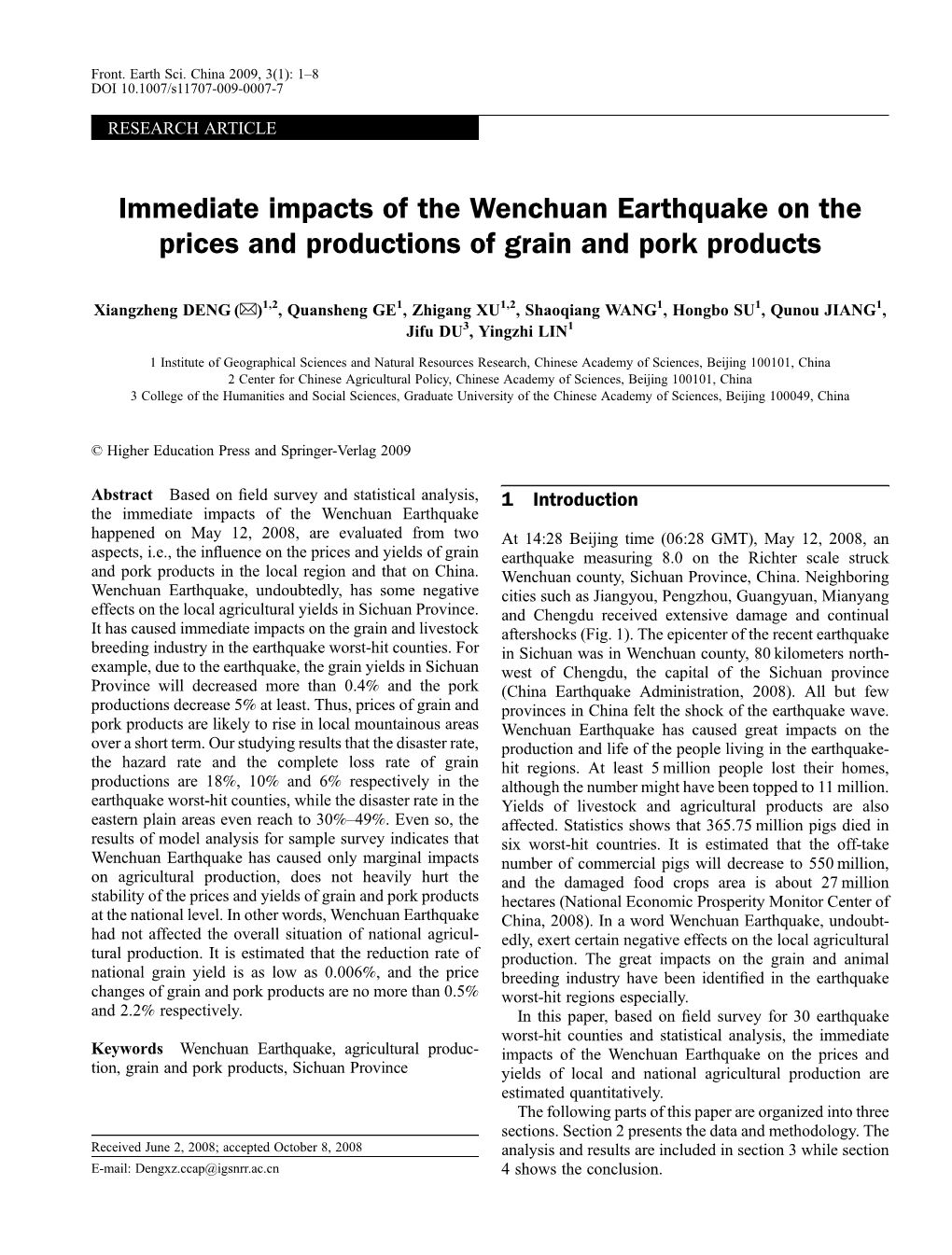 Immediate Impacts of the Wenchuan Earthquake on the Prices and Productions of Grain and Pork Products