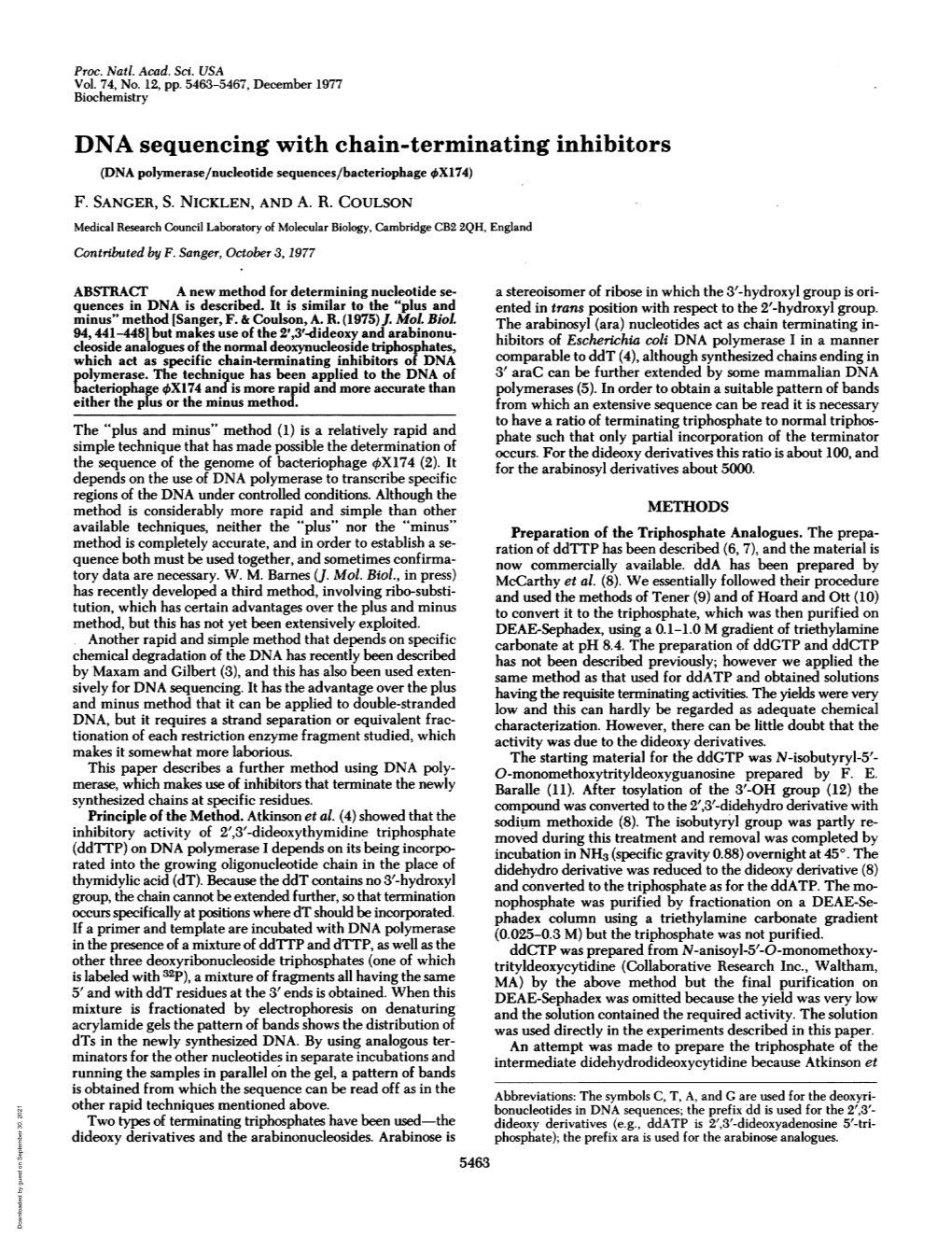 DNA Sequencing with Chain-Terminating Inhibitors (DNA Polymerase/Nucleotide Sequences/Bacteriophage 4X174) F