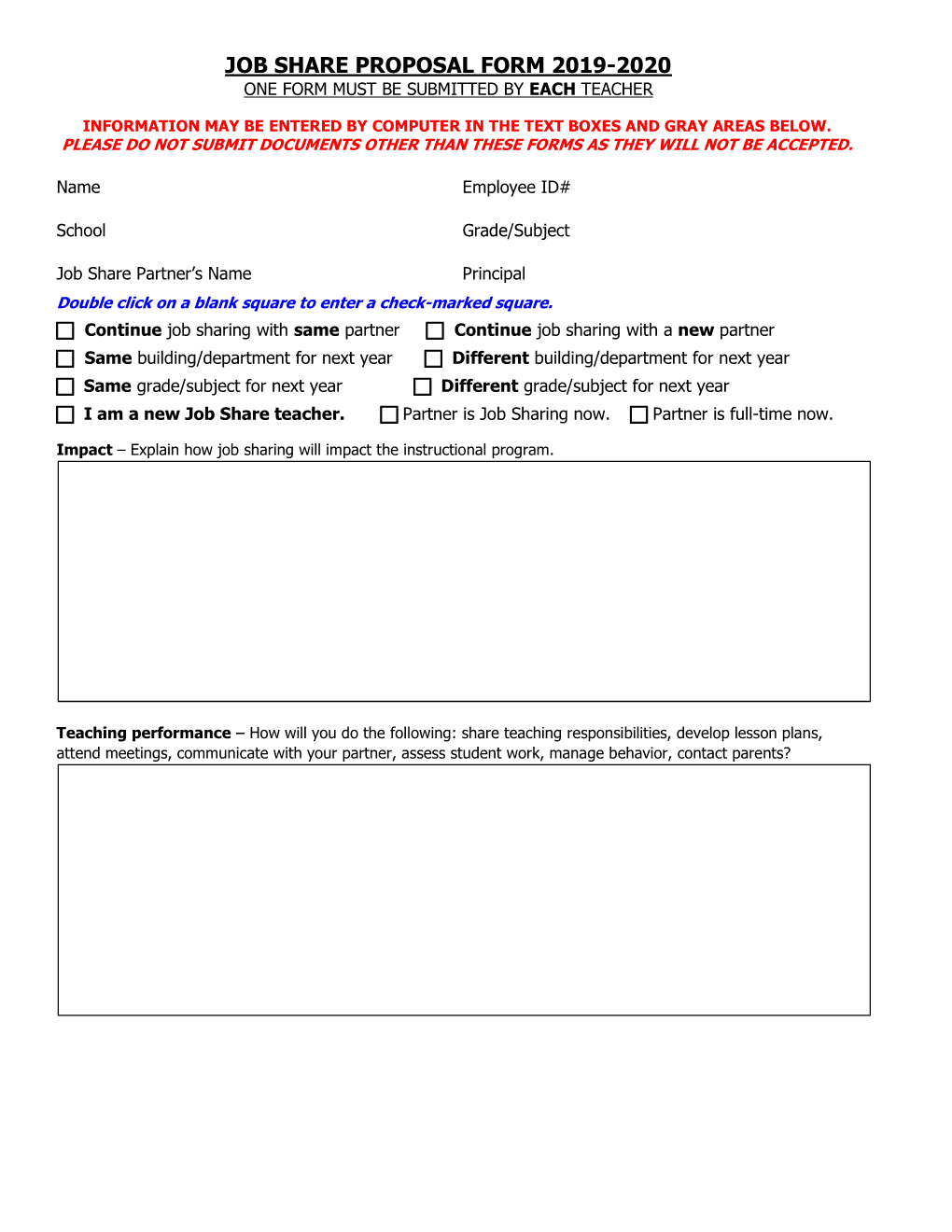 Job Share Proposal Form 2019-2020 One Form Must Be Submitted by Each Teacher