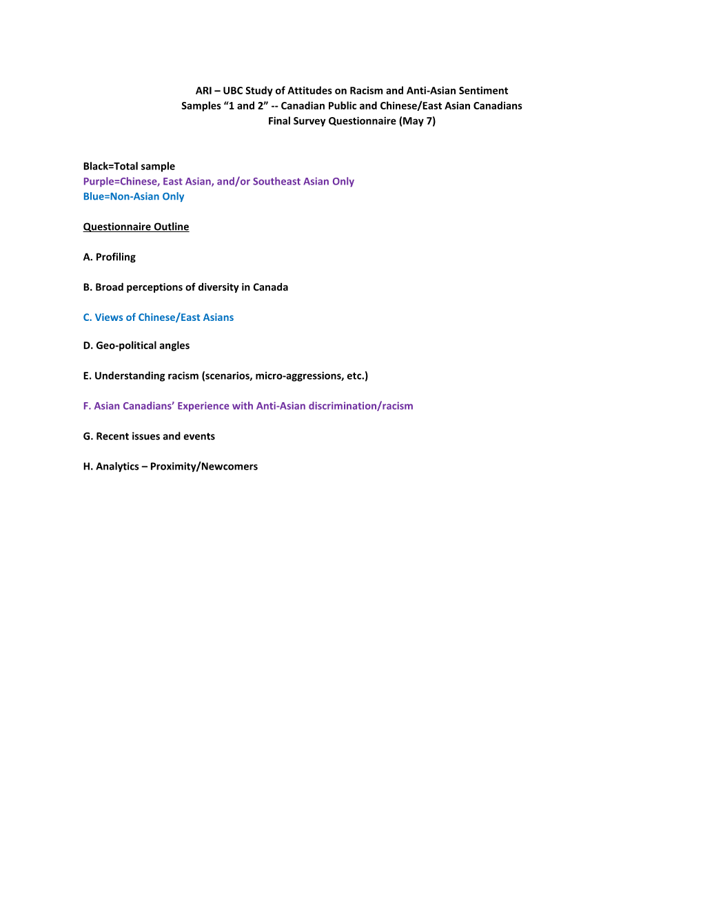 UBC Study of Attitudes on Racism and Anti-Asian Sentiment Samples “1 and 2” -- Canadian Public and Chinese/East Asian Canadians Final Survey Questionnaire (May 7)