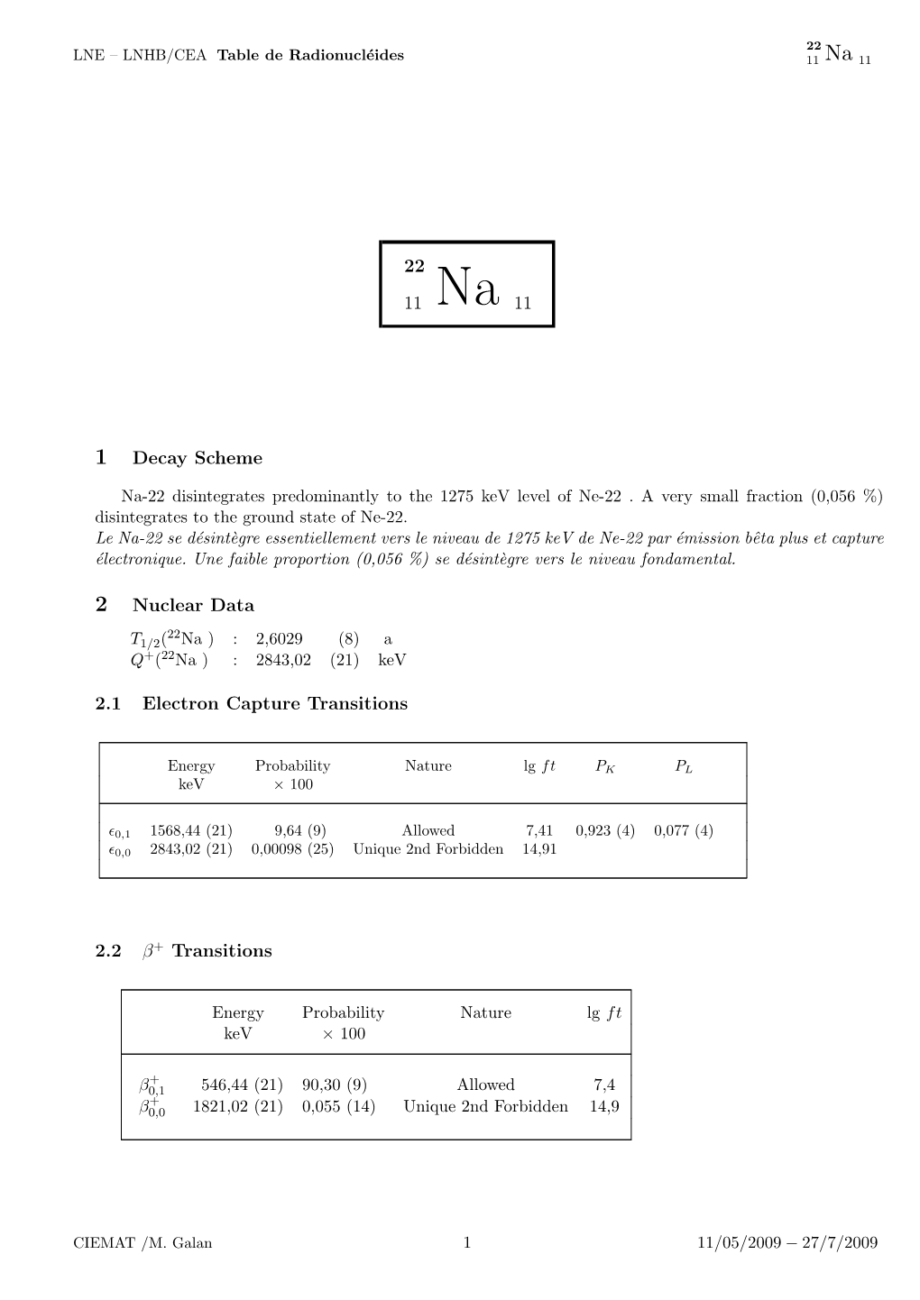 22 11 Na 11 1 Decay Scheme 2 Nuclear Data 2.1 Electron Capture