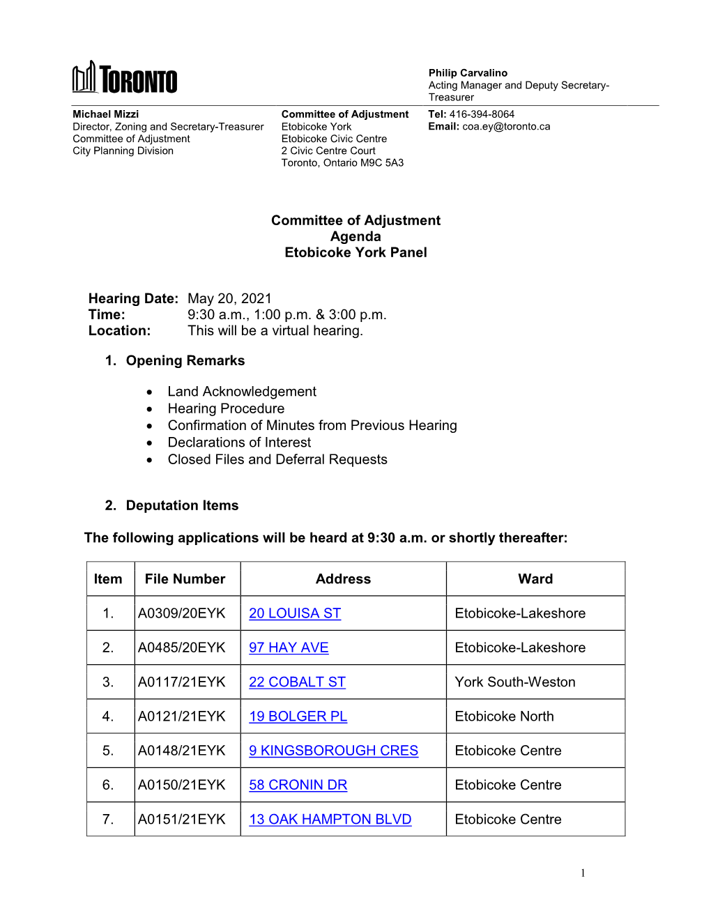 Committee of Adjustment Etobicoke York, Hearing Agenda, May 20, 2021