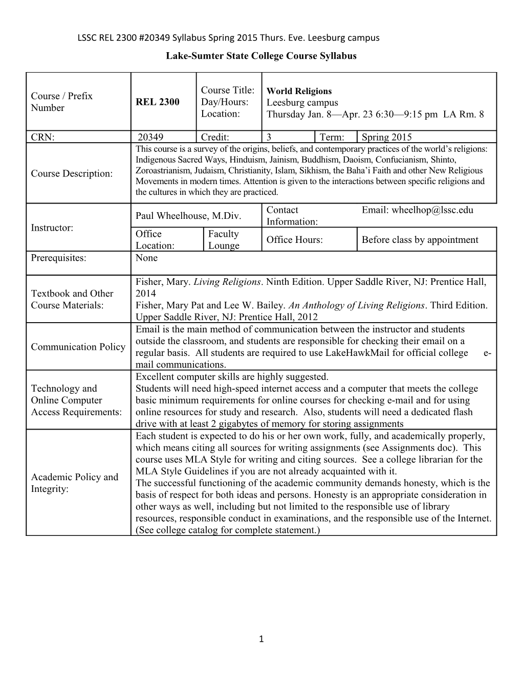 World Religions Thur. Eve Spring 2015 Feb Revised Syllabus