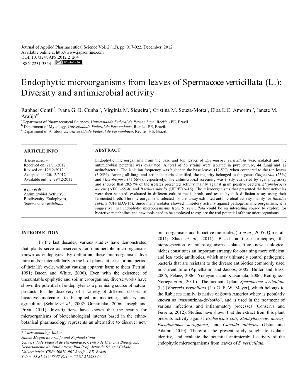 Endophytic Microorganisms from Leaves of Spermacoce Verticillata (L.): Diversity and Antimicrobial Activity