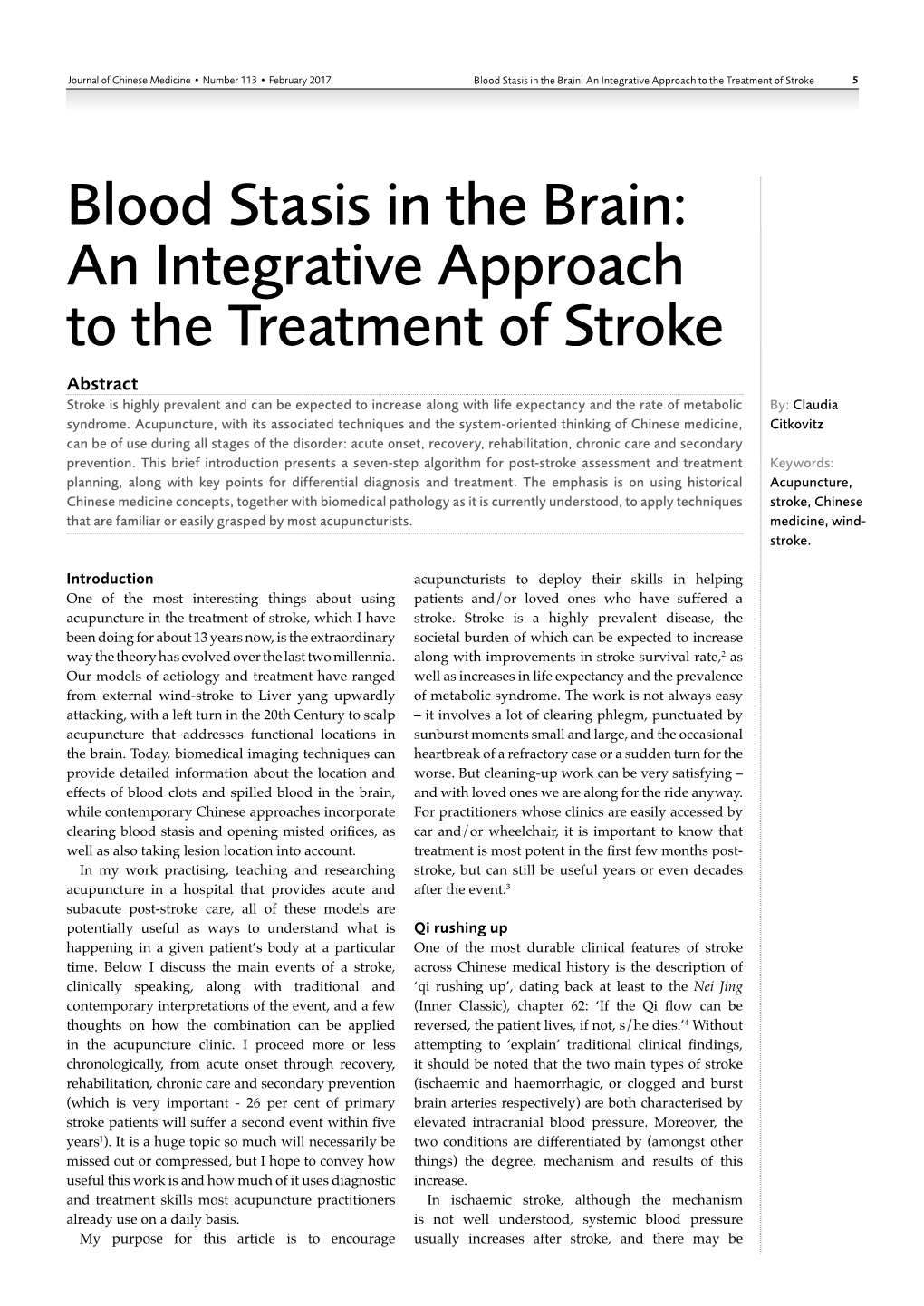 Blood Stasis in the Brain: an Integrative Approach to the Treatment of Stroke