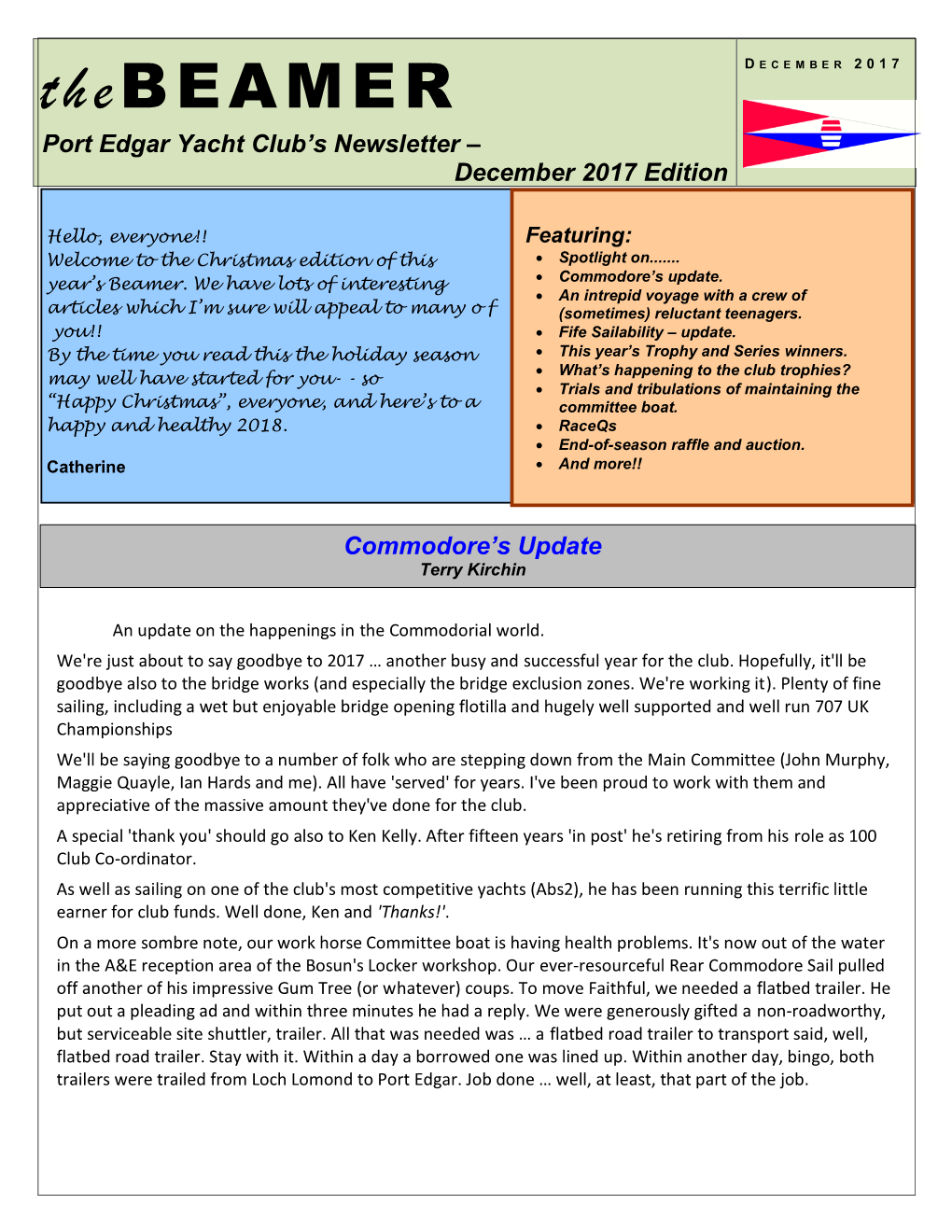 Thebeamer Port Edgar Yacht Club’S Newsletter – December 2017 Edition